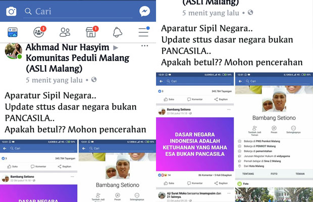 Tangkapan layar unggahan warganet terkait status Facebook salah satu pegawai negeri Pemkot Malang yang menuliskan bahwa dasar negara bukan Pancasila. (Foto: Dokumen MalangTIMES)