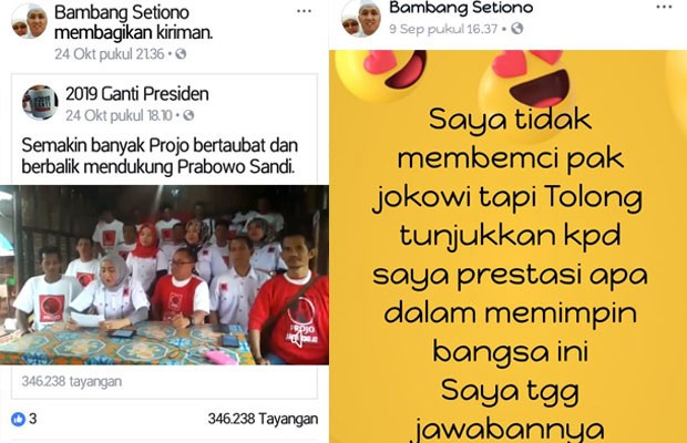 Tangkapan layar unggahan status milik PNS Kota Malang, Bambang Setiono di Facebook yang diduga sebagai bentuk dukungan untuk Prabowo. (Foto: Dokumen MalangTIMES)