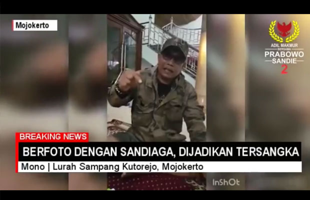 Suhartono Kepala Desa (Kades) Sampangagung, Mojokerto saat berpendapat terkait statusnya menjadi tersangka lantaran berfoto bersama Calon Wakil Presiden (Cawapres) nomor urut dua Sandiaga Uno (Foto : Screenshot youtube)