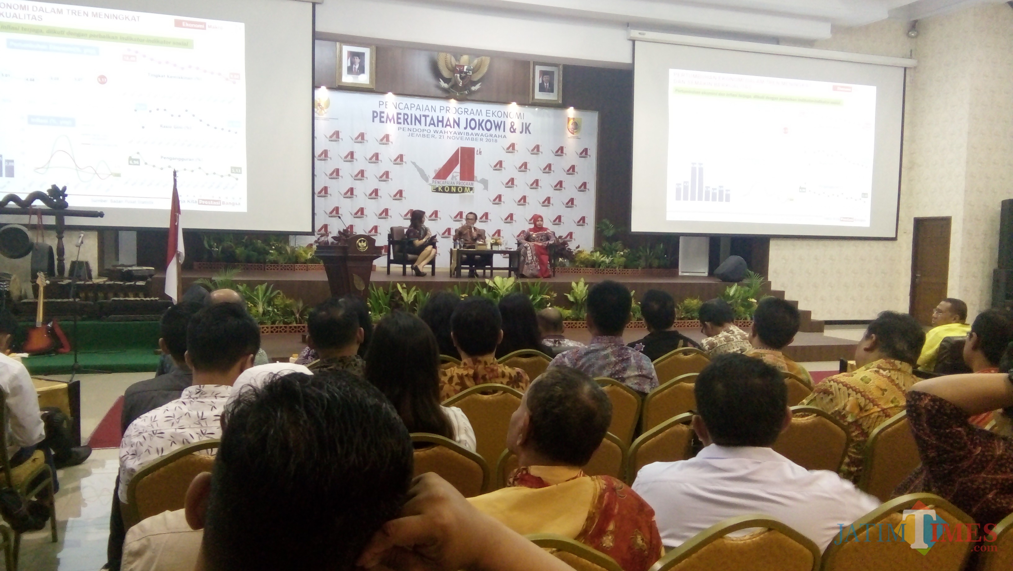 Sekretaris Kementerian Koordinator Bidang Ekonomi Susiwijono bersama Bupati Jember dr Hj Faida MMR saat acara talk show di pendapa. (foto : Moh. Ali Makrus / Jatim TIMES)