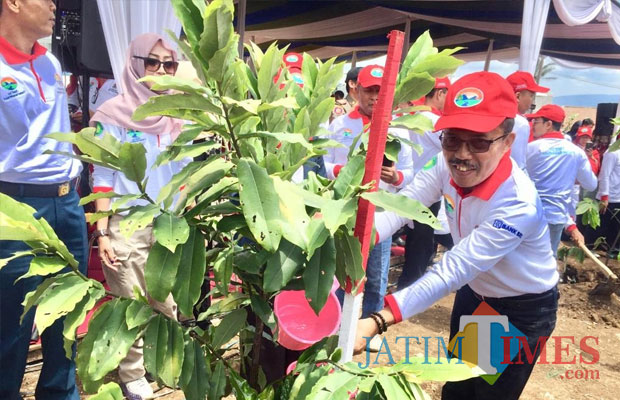 Wakil Wali Kota Batu Punjul Santoso tanam pohon di Desa Tlekung Kecamatan Junrejo, Kamis (6/12/2018). (Foto: Irsya Richa/MalangTIMES)