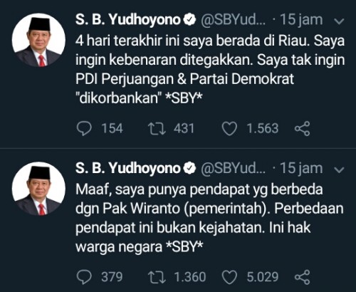 Cuitan Ketua Umum Partai Demokrat, Susilo Bambang Yudhoyono (SBY) melalui akun resmi twitternya