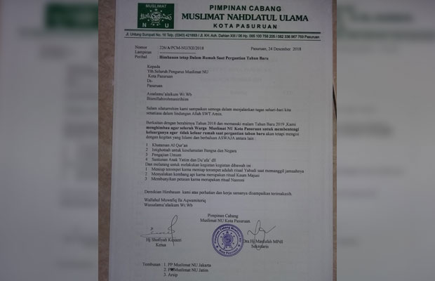 Surat imbauan perayaan tahun baru Pimpinan Cabang Muslimat Nahdlatul Ulama (NU) Kota Pasuruan yang salah satu poinnya menegaskan pelarangan meniup terompet (Istimewa).