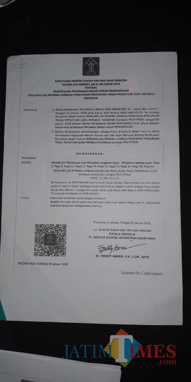 SK perubahan atas SK dari pihak Christea. (Anggara Sudiongko/MalangTIMES)