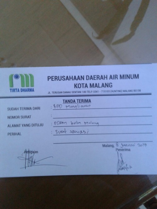 Tanda terima somasi dari warga Mangliawan melalui BPD kepada PDAM Kota Malang (Ist)