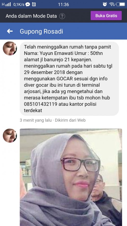 Screnshoot postingan keluarga orang hilang yang di unggah ke media sosial, Kabupaten Malang (Foto : Facebook)