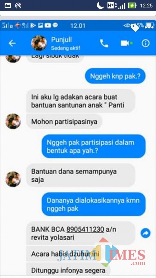 Gambar messengger percakapan akun palsu Punjull dengan salah satu rekan Wakil Wali Kota Batu.