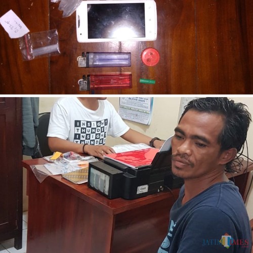 Mustakim tersangka beserta barang bukti berupa narkoba jenis sabu, saat diamankan polisi, Kecamatan Turen (Foto : Polsek Turen for MalangTIMES)