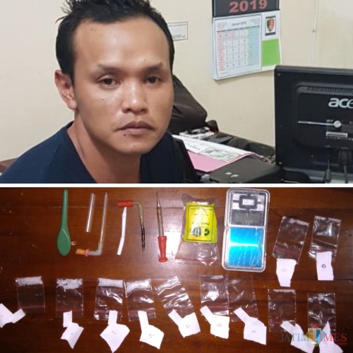 Tersangka Edi Santoso beserta barang bukti sabu saat diamankan polisi.(Foto : Polsek Turen for MalangTIMES)