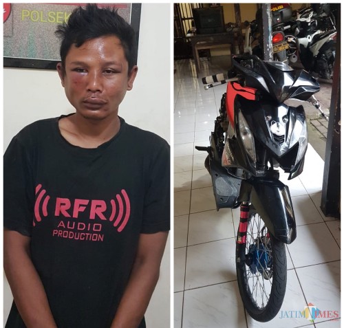 Rohmad Julianto alias Juli tersangka beserta barang bukti penipuan sekaligus pengelapan, yang babak belur usai dihajar massa, Kecamatan Turen (Foto : Polsek Turen for MalangTIMES)
