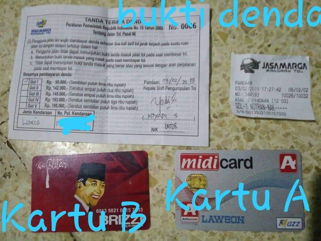 Bukti denda serta kartu e-toll milik akun Imam sar yang diupload di group FB (Ist)