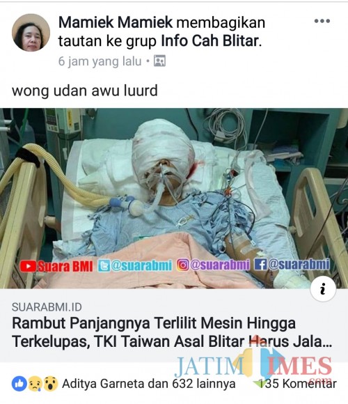 Postingan di FB yang mengabarkan TKI alami luka karena tersangkut mesin di Taiwan