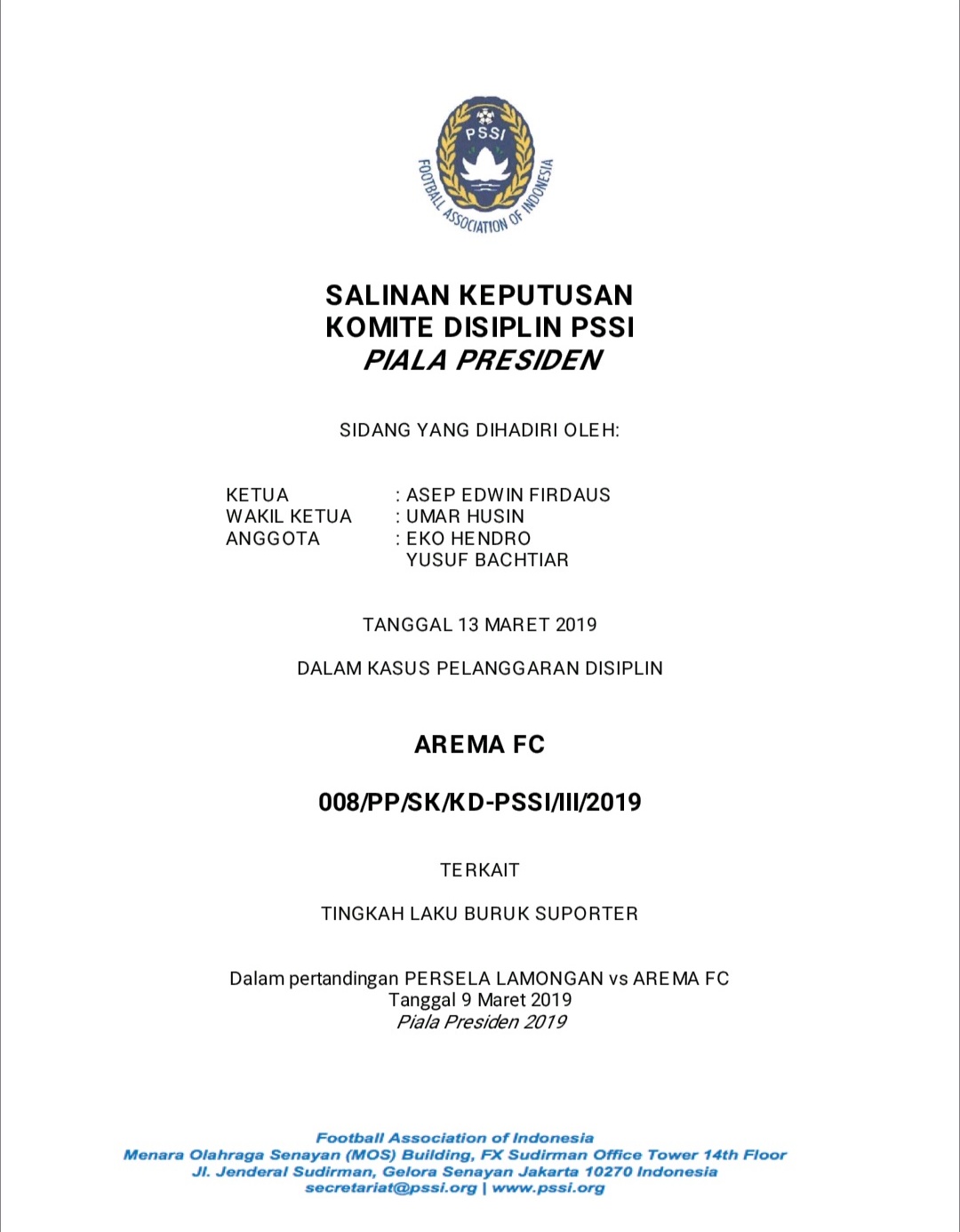Salah satu surat keputusan sanksi yang diberikan Komdis kepada Arema FC (istimewa)