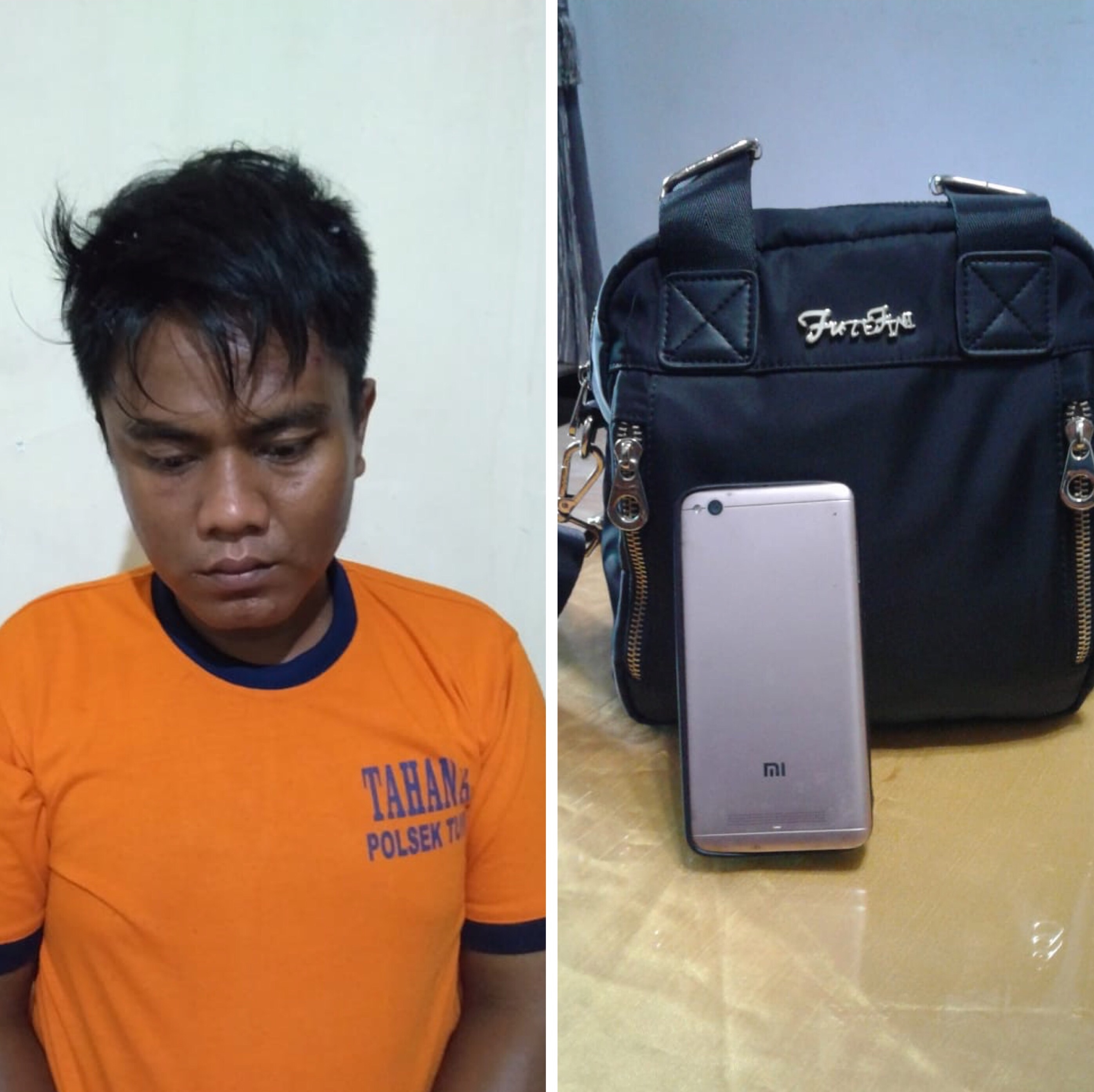 Mohammad Hasanudin tersangka beserta barang bukti hasil curian saat diamankan polisi, Kecamatan Turen (Foto : Polsek Turen for MalangTIMES)