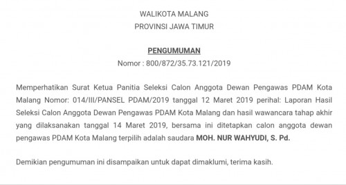 Pengumuman hasil seleksi Dewan Pengawas PDAM Kota Malang