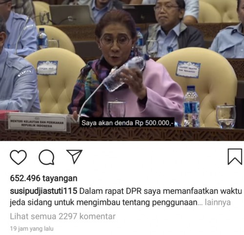 Screenshot video @susipudjiastuti155 terkait sentilan minuman kemasan plastik di rapat DPR RI (Ist)