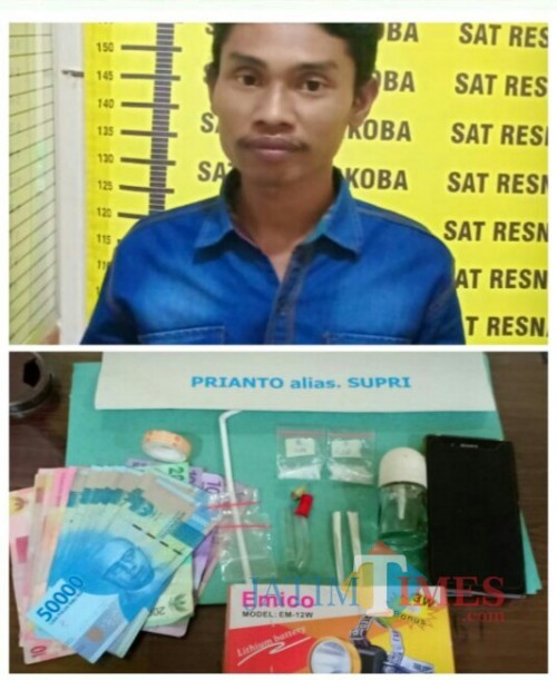 Priyanto alias Supri tersangka beserta barang bukti sabu saat diamankan polisi, Kabupaten Malang (Foto : Humas Polres Malang for MalangTIMES)