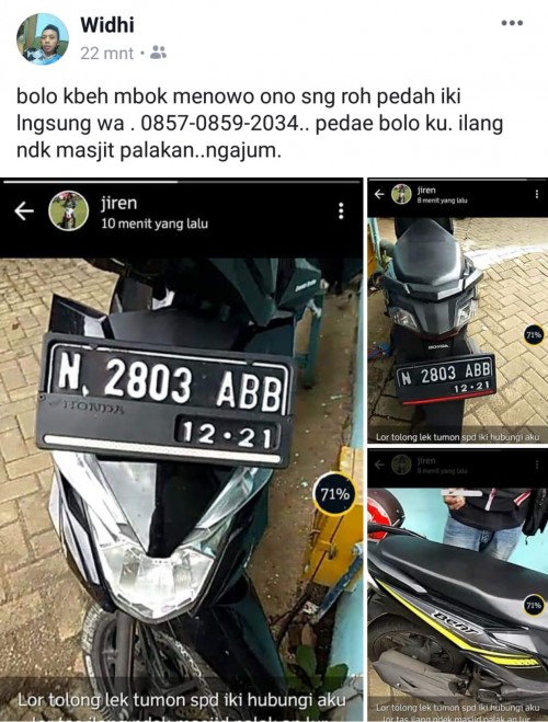 Motor Honda Beat yang hilang karena dicuri ketika diparkir di halaman masjid di Kecamatan Ngajum (Foto : Istimewa)