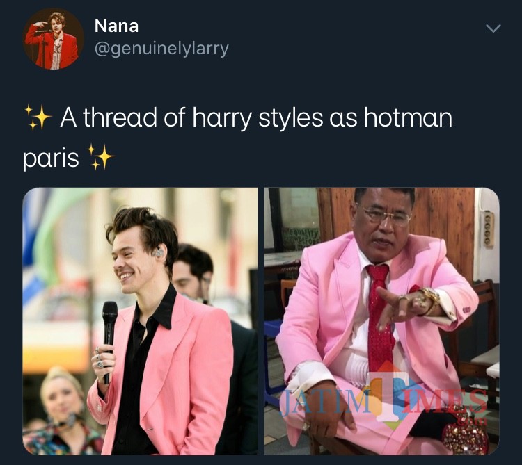 Harry Styles (kiri) dan Hotman Paris saat mengenakan setelan jas merah muda. (Foto: twitter @genuinelylarry)
