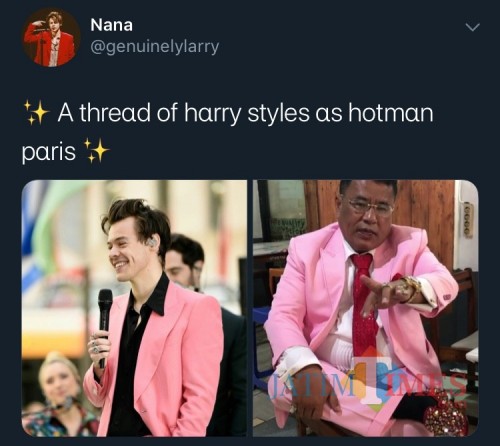 Harry Styles (kiri) dan Hotman Paris saat mengenakan setelan jas merah muda. (Foto: twitter @genuinelylarry)