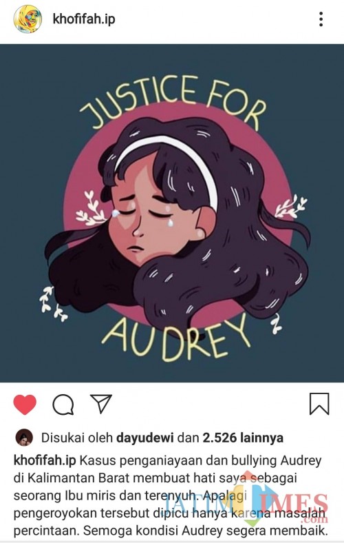Tangkapan layar unggahan akun resmi Khofifah Indar Parawansa terkait kasus Audrey. (Foto: Dokumen MalangTIMES)