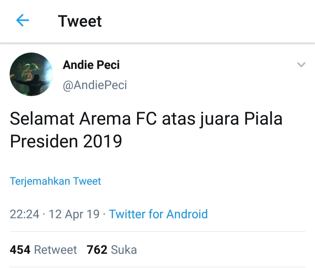 Cuitan Andie Peci yang mengucapkan selamat untuk Arema FC (screenshot Twitter @AndiePeci)