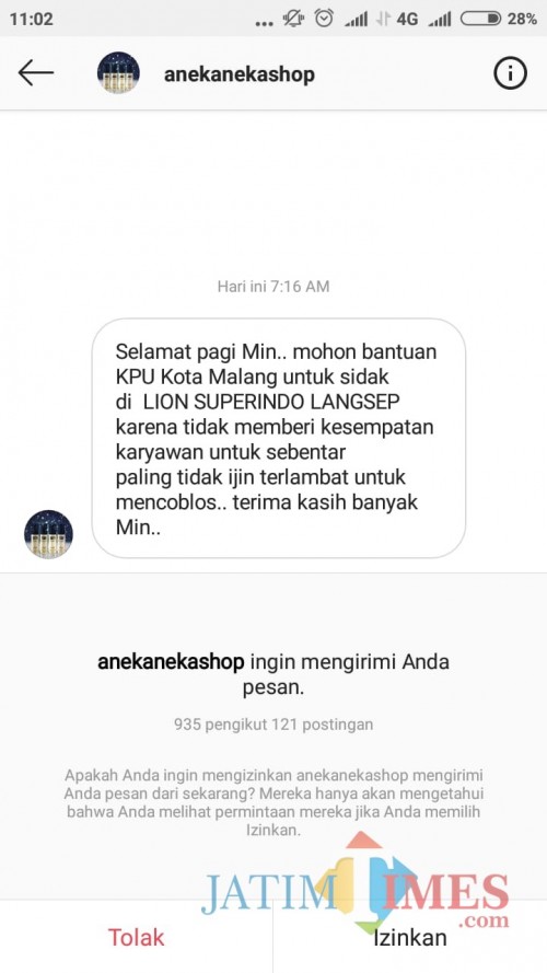 Tangkapan layar laporan karyawan yang menyebut tak diizinkan nyoblos. (Foto: Dokumen Bawaslu Kota Malang)