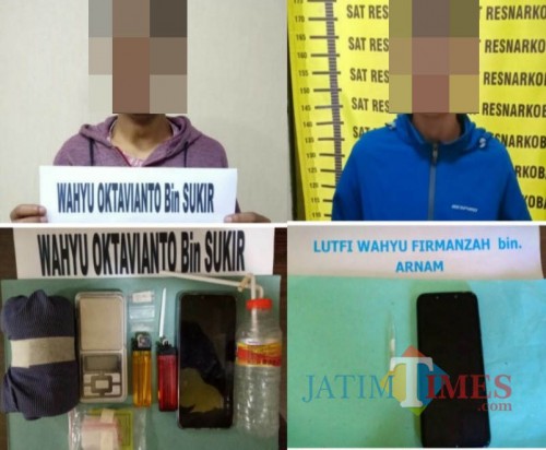 Wahyu Oktavianto dan Lutfi Wahyu Firmanzah tersangka beserta barang bukti narkoba saat diamankan pihak kepolisian, Kabupaten Malang (Foto : Humas Polres Malang for MalangTIMES)