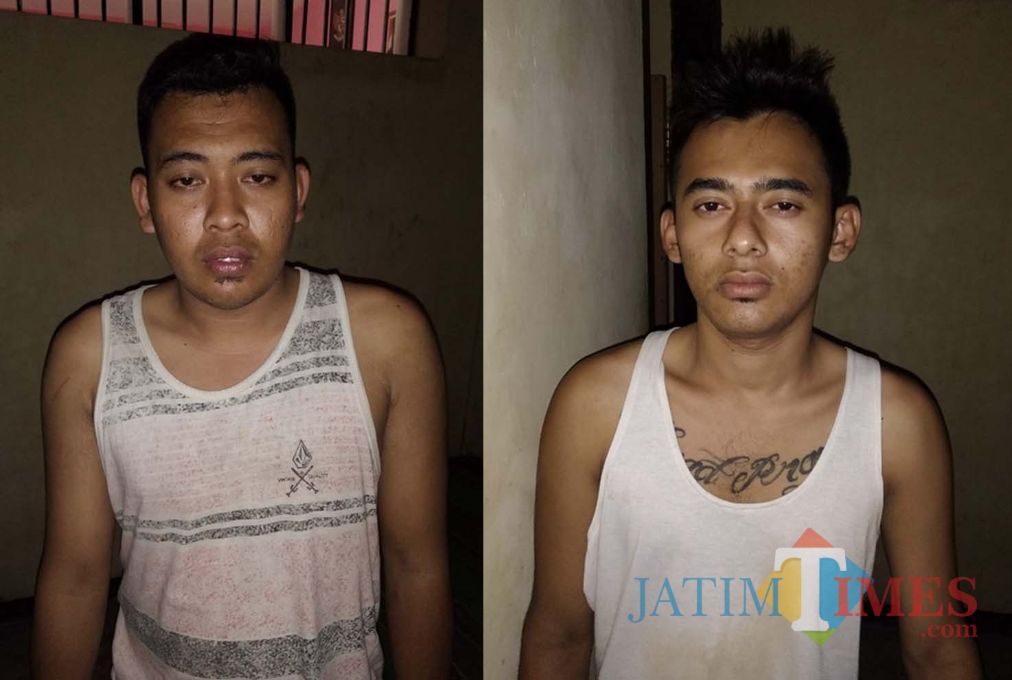 kedua pelaku pengedar okerbaya yang diamankan jajaran Polsek Jombang Jember (foto : R Ulum / Jatim TIMES)