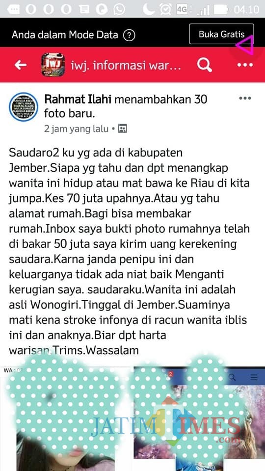 Salah satu postingan akun bernama Rahmat Ilahi yang bikin heboh jagad maya di Jember. (foto : istimewa / Jatim TIMES)