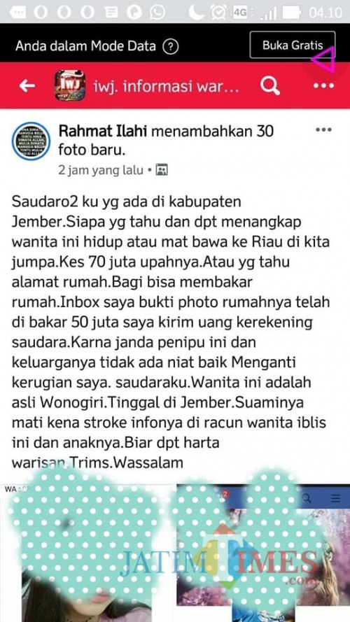Salah satu postingan akun bernama Rahmat Ilahi yang bikin heboh jagad maya di Jember. (foto : istimewa / Jatim TIMES)