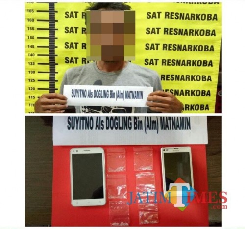 Suyitno alias Dogling tersangka beserta barang bukti enam poket narkoba saat disita polisi, Kabupaten Malang (Foto : Humas Polres Malang for MalangTIMES)