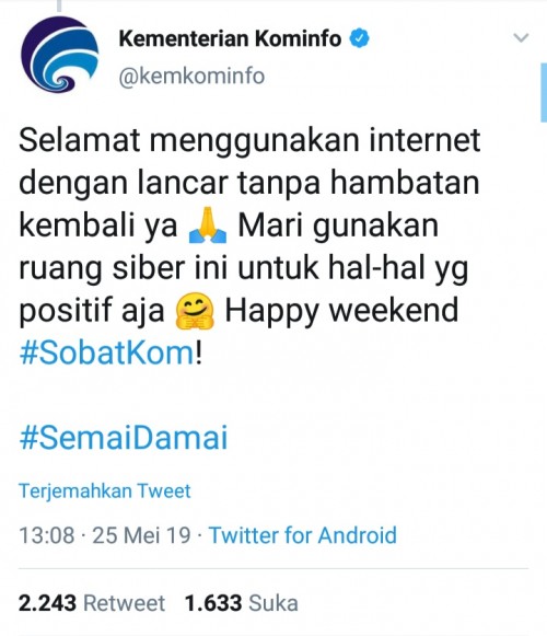 Cuitan akun twitter Kominfo (@kemkominfo)