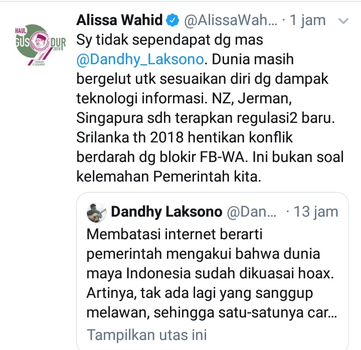 Cuitan Alissa Wahid di twitter terkait ramainya pembicaraan pembatasan media sosial (@alissawahid).