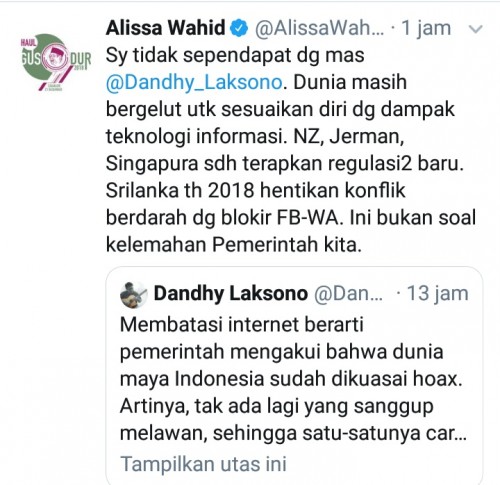 Cuitan Alissa Wahid di twitter terkait ramainya pembicaraan pembatasan media sosial (@alissawahid).
