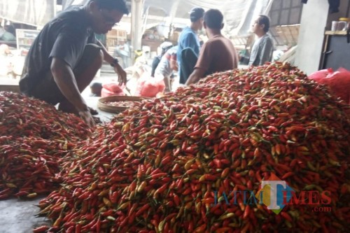 Pedagang cabe rawit dipasar induk pare. Foto (B. Setioko/JatimTIMES)