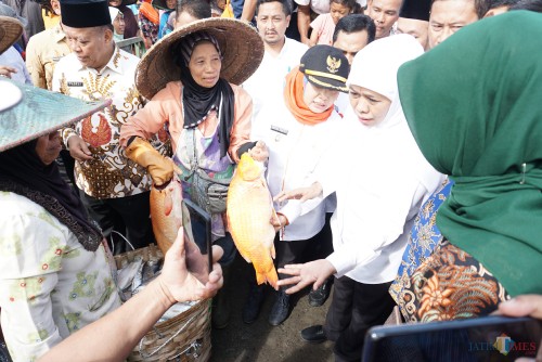Gubernur Jatim Khofifah ketika sidak ke pasar pelelangan ikan di Lamongan.
