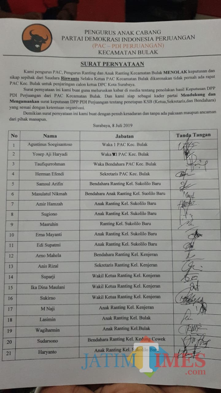 Surat pernyataan yang dibuat para pengurus PAC di Kecamatan Bulak