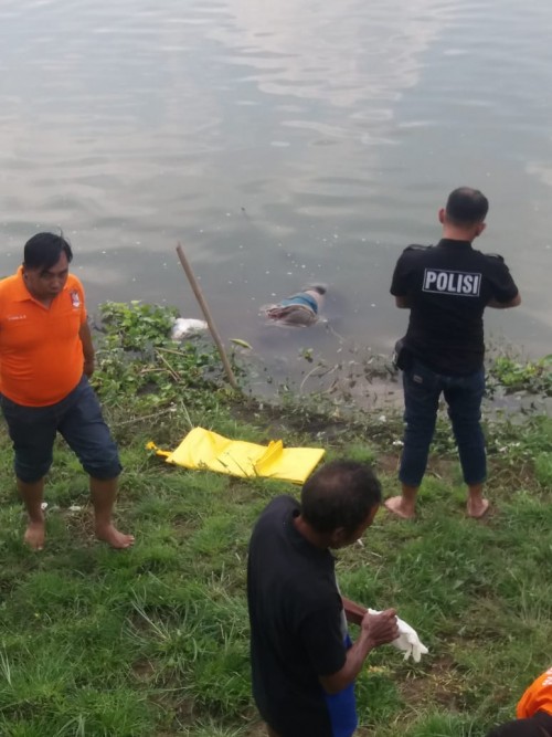 Tim inafis Polres Jombang saat melakukan proses evakuasi mayat di bibir sungai brantas, Desa/Kecamatan Kesamben, Jombang.(Istimewa)