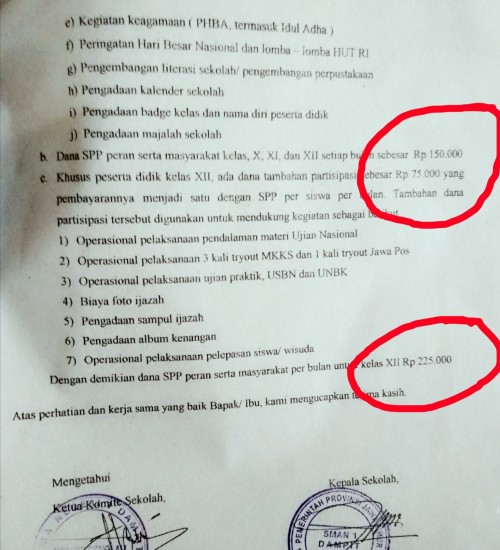 Postingan surat dari sekolah terkait pungutan dana SPP (Ist)