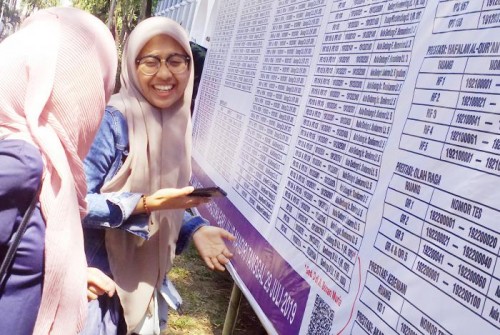 Dua calon mahasiswi baru jalur mandiri tulis melihat denah lokasi yang ada di baliho. (Foto: Humas)