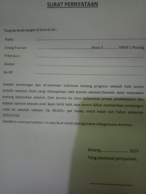 Formulir yang diduga sebagai modus pungli di SMAN 2 Kota Malang. (Foto: istimewa)