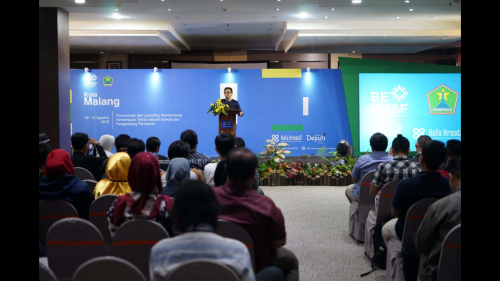 Wali Kota Malang Sutiaji saat memberikan sambutan dalam peluncuran pedoman pengembangan SDM sub sektor Aplikasi dan Gim. (Foto: Bekraf for MalangTIMES)