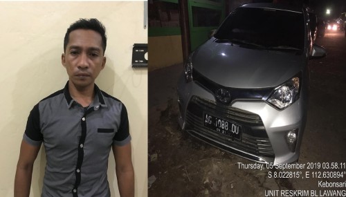 Tersangka beserta barang bukti berupa mobil yang digelapkan saat diamankan polisi (Foto : Polsek Bululawang for MalangTIMES)