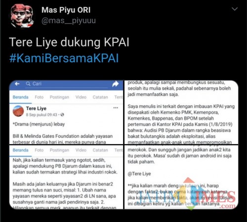 Tangkapan layar terkait postingan Tere Liye atas polemik KPAI dengan perusahaan rokok (@mas_piyuuu)