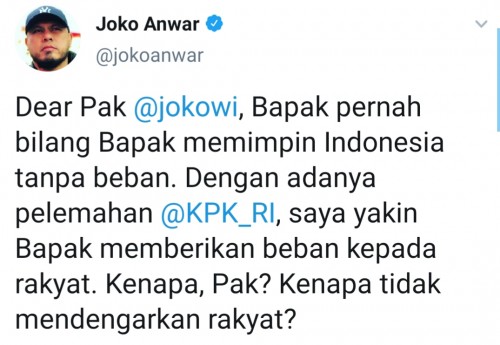 Cuitan Joko Anwar sentil Presiden RI Jokowi. (Source: twitter @jokoanwar)