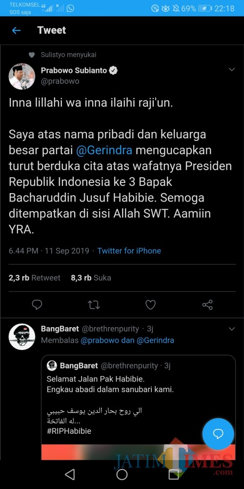 Screenshot ucapan duka dari Prabowo Subianto atas wafatnya BJ Habibie yang ditarik oleh warganet untuk mengingatkan nasib Kivlan Zen (@prabowo)