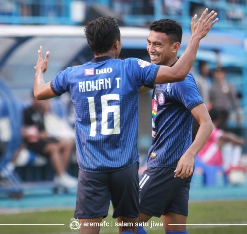 Ridwan Tawainella dan Rivaldi Bawuoh saat merayakan gol melawan PSS Sleman (official Arema FC)