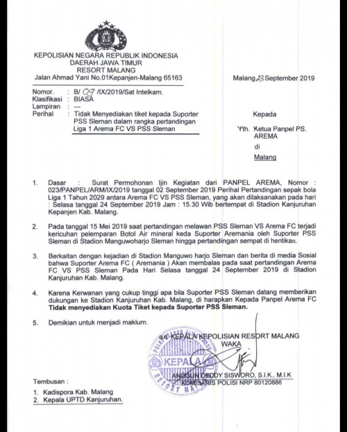 Surat resmi Polres Malang (istimewa)