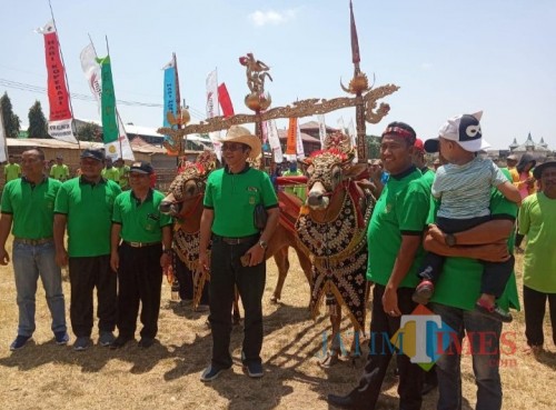 Wakil Bupati Sumenep, Achmad Fauzi didampingi Dinas Koperasi dan UMKM berswafoto dengan sepasang peserta karapan sapi tanggapan (ist)